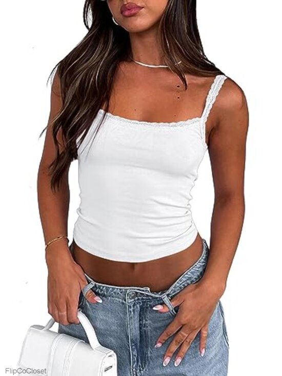Tops - Sleeveless Lace Trim Camisole Tank Top Y2K Spaghetti Strap Ribbed Crop Cami